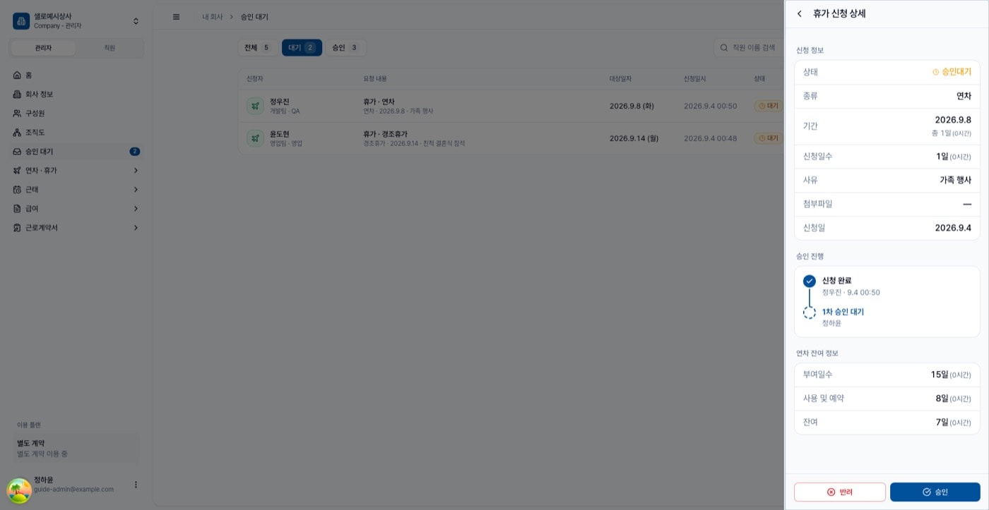 휴가 신청 상세 시트. 신청 정보와 승인 진행, 연차 잔여 정보