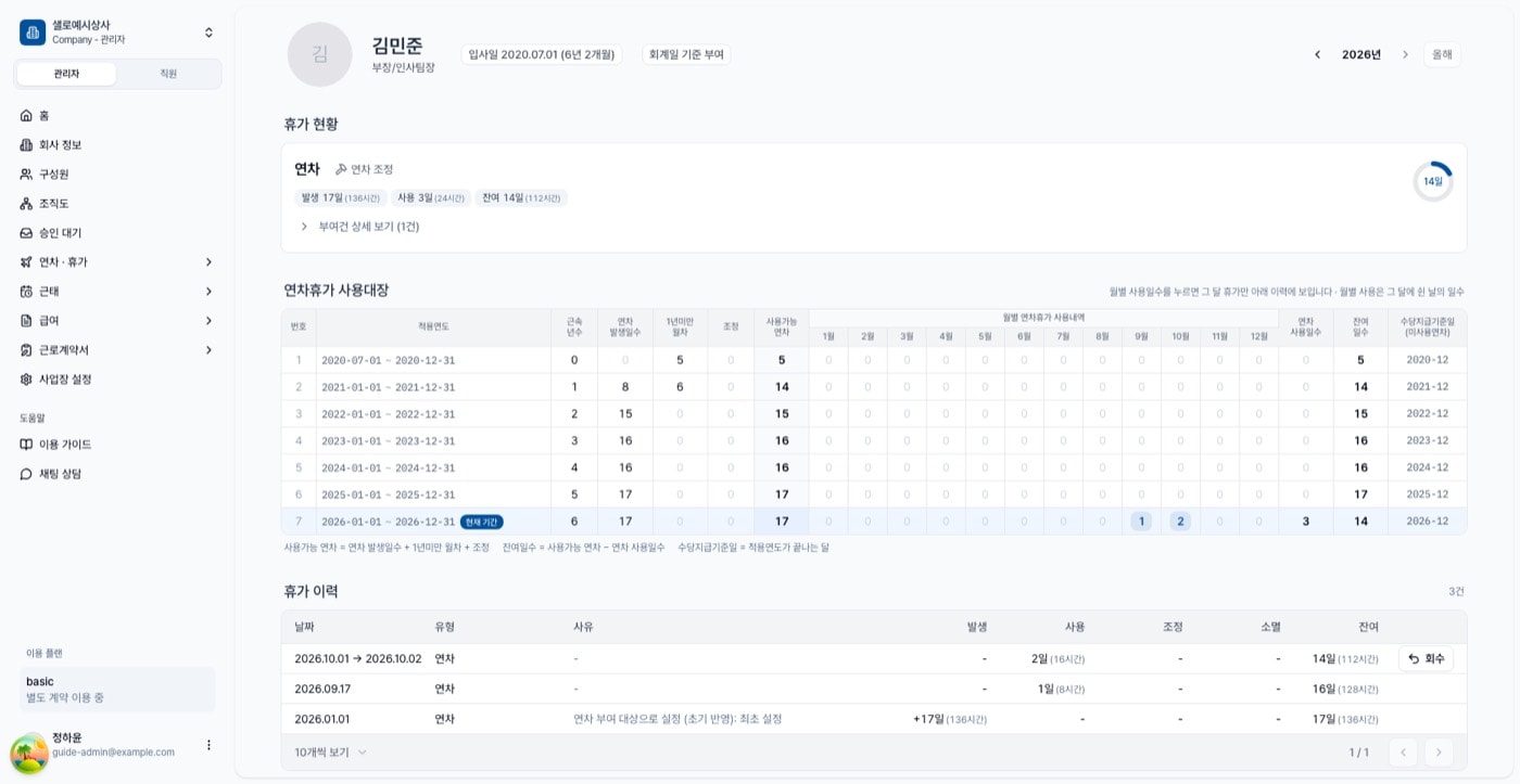 연차 이력 화면. 휴가 현황 카드와 날짜별 휴가 이력 표