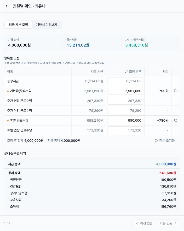 인원별 확인 드로어. 임금 세부 조정 탭에 항목별 조정 표와 공제·실수령 내역이 표시됨